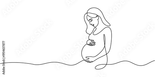Continuous line drawing of a pregnant woman. One line drawing of a pregnant woman. Pregnant belly. Minimalist contour illustration of a happy mother.