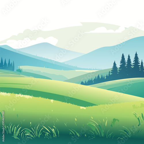 Vibrant green landscape illustration of rolling hills and mountain range
