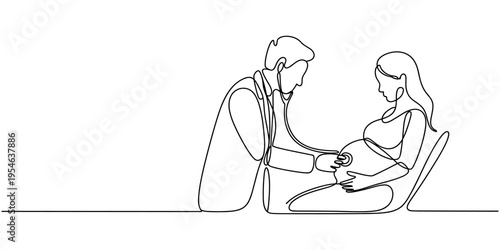 One line art continuous line drawing illustrating a doctor gently examining the pregnant belly of a woman during a prenatal checkup, isolated on white background