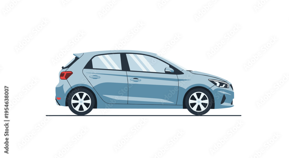 Fototapeta premium A light blue hatchback car is shown in profile on a grey line against a white background.