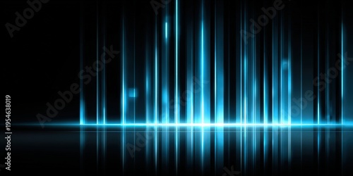 Abstract Blue Light Streaks Background With Reflections And Dark Black Space