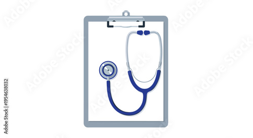 A blue stethoscope is placed on a grey clipboard with a white paper on a white background.