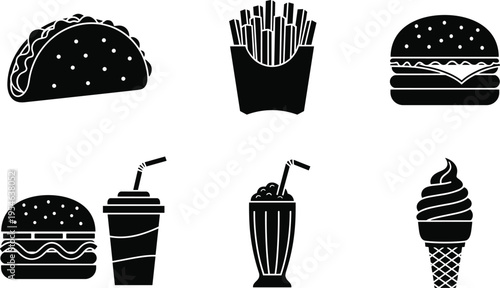 Fast food silhouette icon set with taco, french fries, burgers, soda drink, milkshake and ice cream cone black vector collection isolated