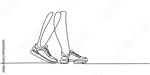 woman legs in sneakers and shorts stand in profile, one leg raised - one line drawing. sports concept, running shoes, leg pain. one line Icon drawing