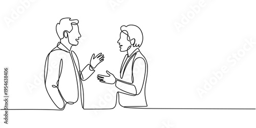 Continuous line drawing of two colleagues standing and talking. continuous line drawing of man and woman discussing work. Vector illustration