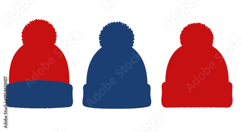 Three Pom Pom Beanies, Red and Blue Winter Hats