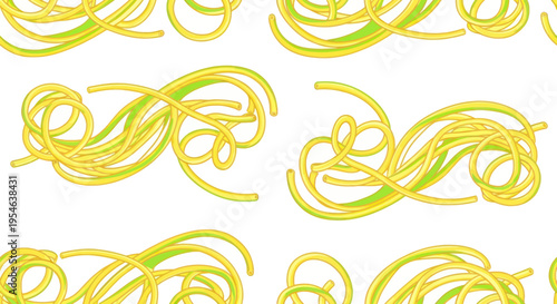 Seamless Pasta Pattern: Spaghetti Swirls with Green Accents on White Background