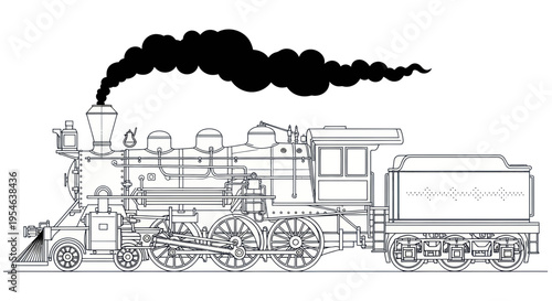 Vintage Steam Locomotive Outlining with Black Smoke, Vector Illustration