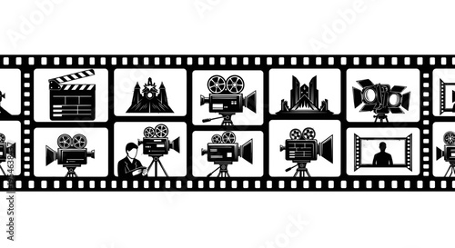 Vintage Film Strip with Cinema Icons: Camera, Clapperboard, Spotlight, Director