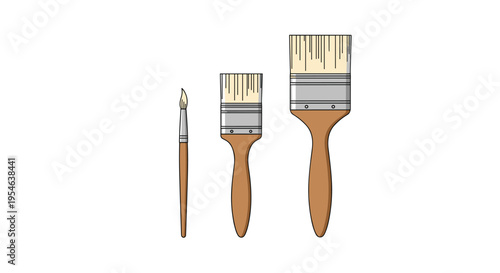 Three paintbrushes of different sizes with wooden handles and light bristles stand upright on a white background.