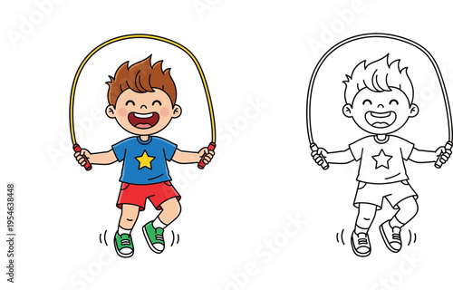 Happy little boy jumping rope cartoon vector illustration. Color and black and white line art outline suitable for kids coloring book page, fitness, and recreation concepts.