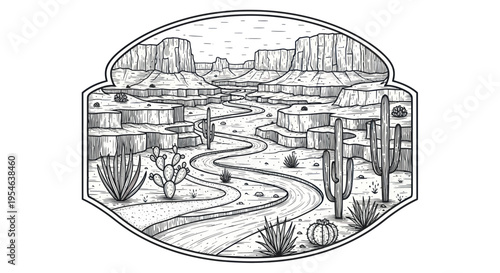 Desert landscape with winding road, canyons, and cacti, black and white sketch