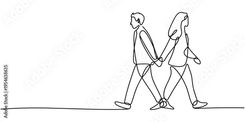 Two people having a walk. Two people walking side view. Old people one line drawing. vector illustration