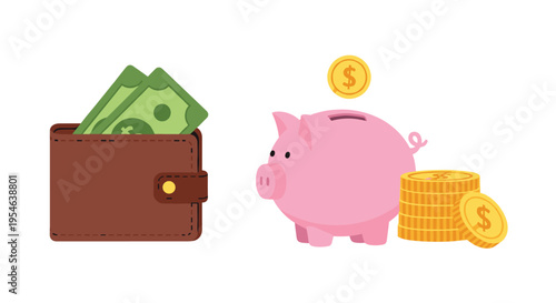 A brown wallet with green bills, a pink piggy bank, and a stack of gold coins are arranged on a clean white background.