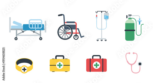 A horizontal array of flat-design icons displays various medical and first aid equipment on a pristine white background.