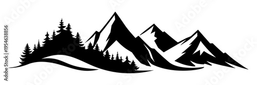 Silhouette mountain range and forest isolated on white background, vector design