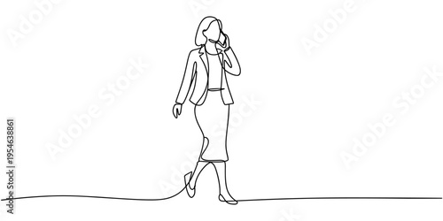 continuous line drawing of walking business woman speaking on mobile phone. Continuous one line woman walk with hands behind her back. Vector stock illustration.