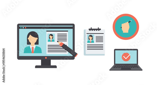 A horizontal arrangement of flat-design icons illustrates online job applications and resume submission on a pale background.