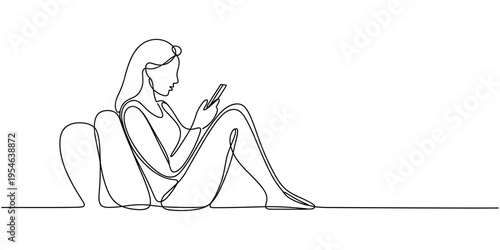 continuous line drawing of woman holding and staring at mobile phone sitting on the couch vector illustration. Continuous one line drawing. woman holding smartphone. Linear style drawing.