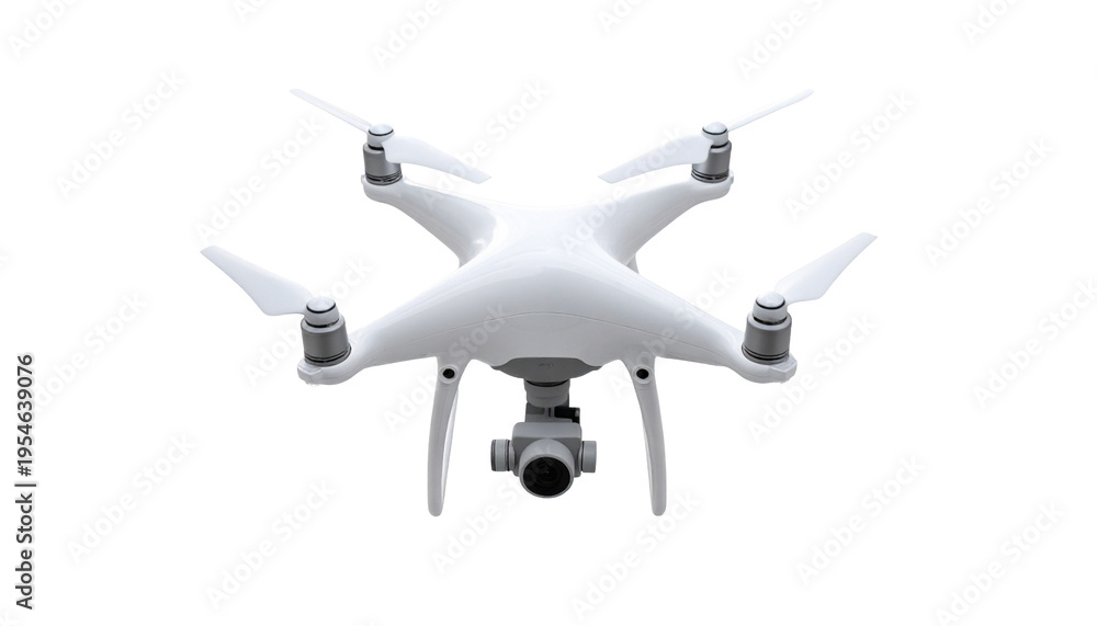Fototapeta premium An aerial drone with camera. This image captures a white drone with four propellers, designed for aerial photography and videography. The camera is mounted on the front