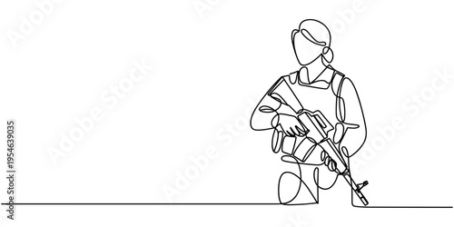 Continuous one line drawing Woman in military clothes with a weapon. Young girl in an army soldier's suit. Modern woman concept. Single line draw design vector graphic illustration. Soldier girl.
