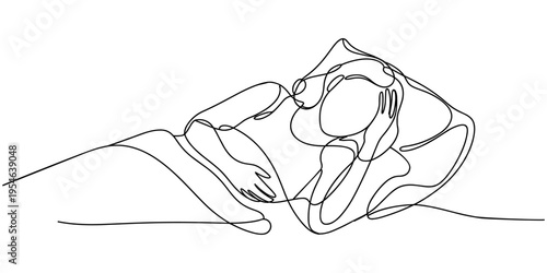 woman laying down and feeling sick one line vector drawing, illustration. Continuous line drawing of sick woman laying in bed in a hospital. Sleeping woman drawing. 