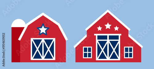 Set of USA patriotic red barn flat vector illustration.
American farmhouse barn icon illustration for Fourth of July celebration.