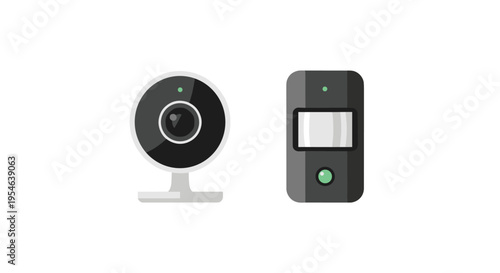 A circular smart camera with a central lens is next to a rectangular motion sensor with a green light on a white background.