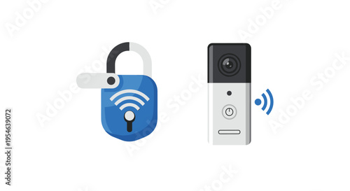 A blue padlock with a Wi-Fi symbol and an open shackle is next to a smart doorbell with a camera lens on a white background.