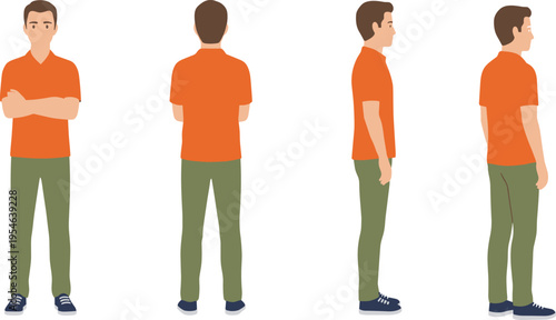 Canvas Print Male character design turnaround sheet featuring front, back, and side profile views in smart casual attire for animation and storyboarding