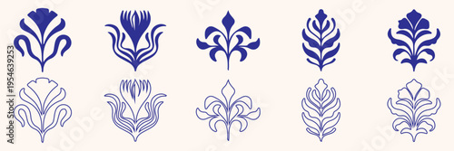 Vector set of logo design templates and graphic elements, organic cosmetics, floral illustration in simple linear hand drawn style, 