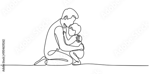One single line drawing of young happy dad talking with his son about idea and purpose of life at home vector illustration. Parenting education. Family parenthood concept. Continuous line draw design