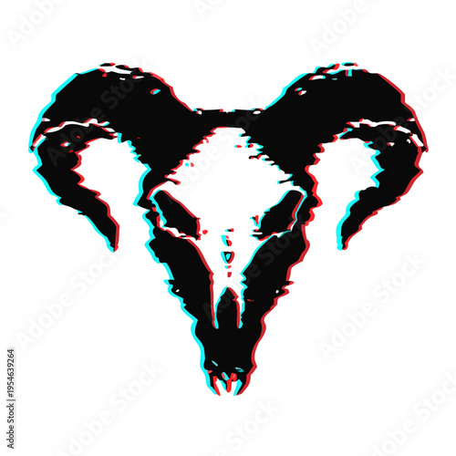 Dark glitch effect ram skull silhouette with digital distortion and eerie occult symbolism