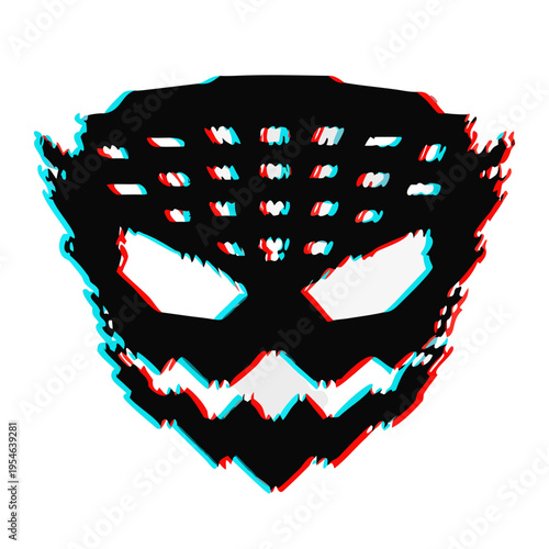 Futuristic glitch effect rave mask silhouette with digital distortion and cyberpunk party vibe