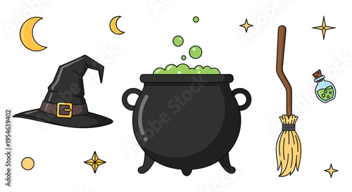 An illustration presents a witch's hat, a bubbling cauldron, a broomstick, and a potion bottle with celestial elements.