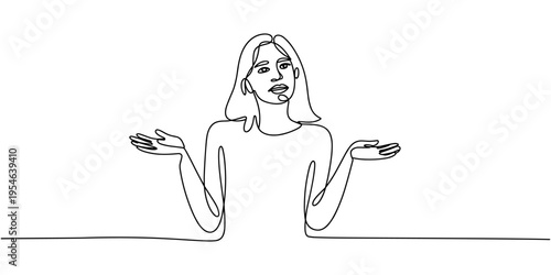 Continuous Line Drawing of Young woman spread her hand and shrugging shoulder. I do not know. Oops! Continuous Line Drawing.