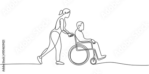 Continuous one line drawing of a young man pushing wheelchair with disabled old woman. Helping elderly, disable people and sick people. Humanity concept minimalist style. Vector illustration