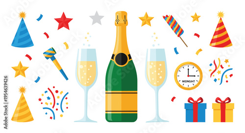 An illustration displays a festive collection of New Year's Eve celebration items including champagne, party hats, and gifts.