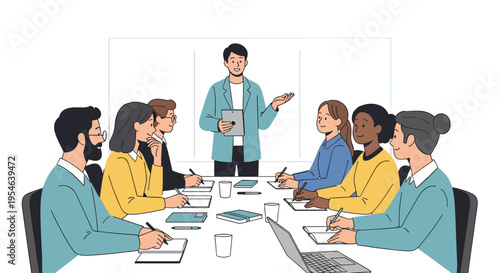 An illustrated group of diverse business professionals attends a meeting with a presenter at a white conference table.