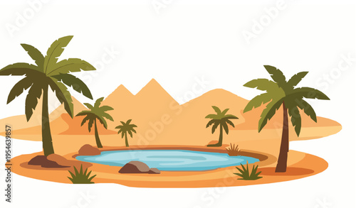 Egyptian Oasis Desert Scene with Pyramids and Palm Trees Cartoon Vector Art