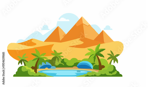 Cartoon Egyptian Landscape with Oasis Palm Trees and Ancient Pyramids Vector