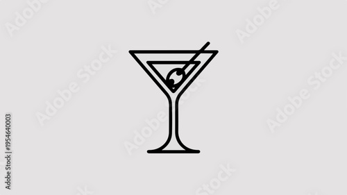 A clean minimalist line art icon of a cocktail glass with a lime wedge and stirrer on a neutral gray background perfect for design and decoration