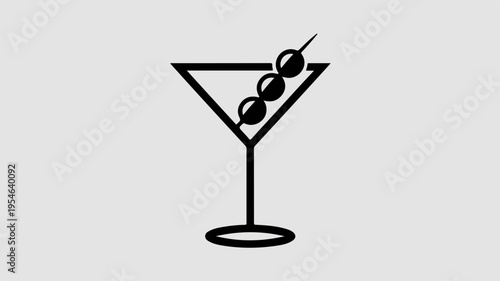 Minimalist martini cocktail icon with olives on a stick simple black design on gray background for drink menu or bar decoration