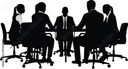 Silhouette of five business professionals sitting around a conference table for a corporate board meeting or leadership discussion isolated on white.