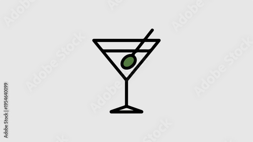A minimalist vector icon of a classic martini cocktail with olive garnish and stirrer