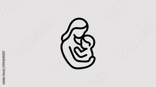 Minimalist line art icon of a mother holding a baby symbolizing love and care in a simple black line drawing on a gray background