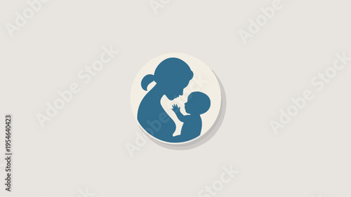 Minimalist blue icon of a mother holding baby symbolizing love and family in a simple circular design on a white background