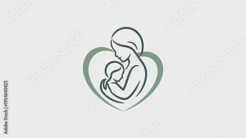 Minimalist line art icon of mother holding baby in heart