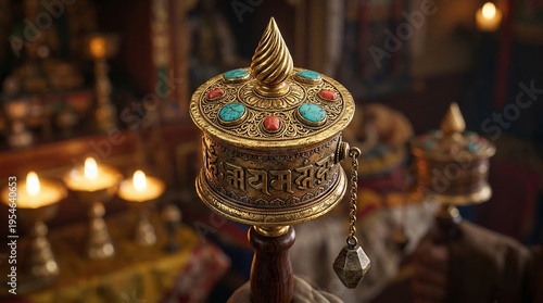 Wallpaper Mural Prayer wheel made of brass with turquoise in temple. Prayer wheel features sacred mantra carvings and wooden handle. Golden light creates spiritual atmosphere. Torontodigital.ca