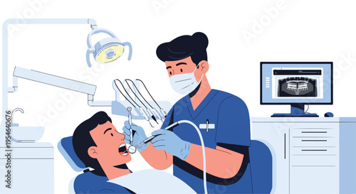 Dentist examining a patient's teeth with dental tools in a clinic